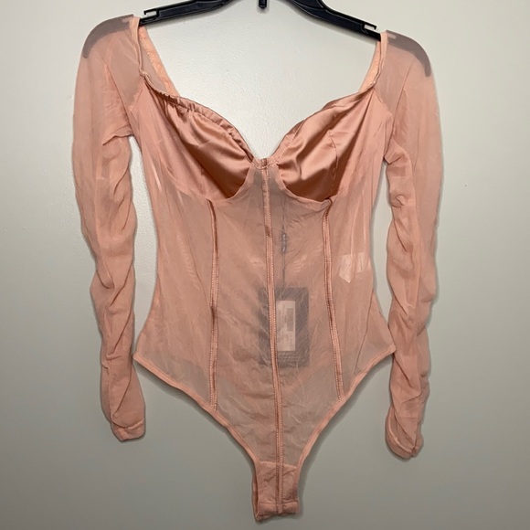 PrettyLittleThing Tops - NWT Pretty Little Thing Pink Mesh Bardot Satin Cup Bodysuit Size 8